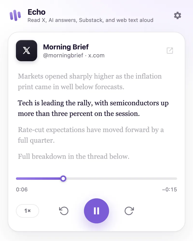 Echo's side-panel player reading an X post aloud, with a live transcript, scrub bar, and speed controls